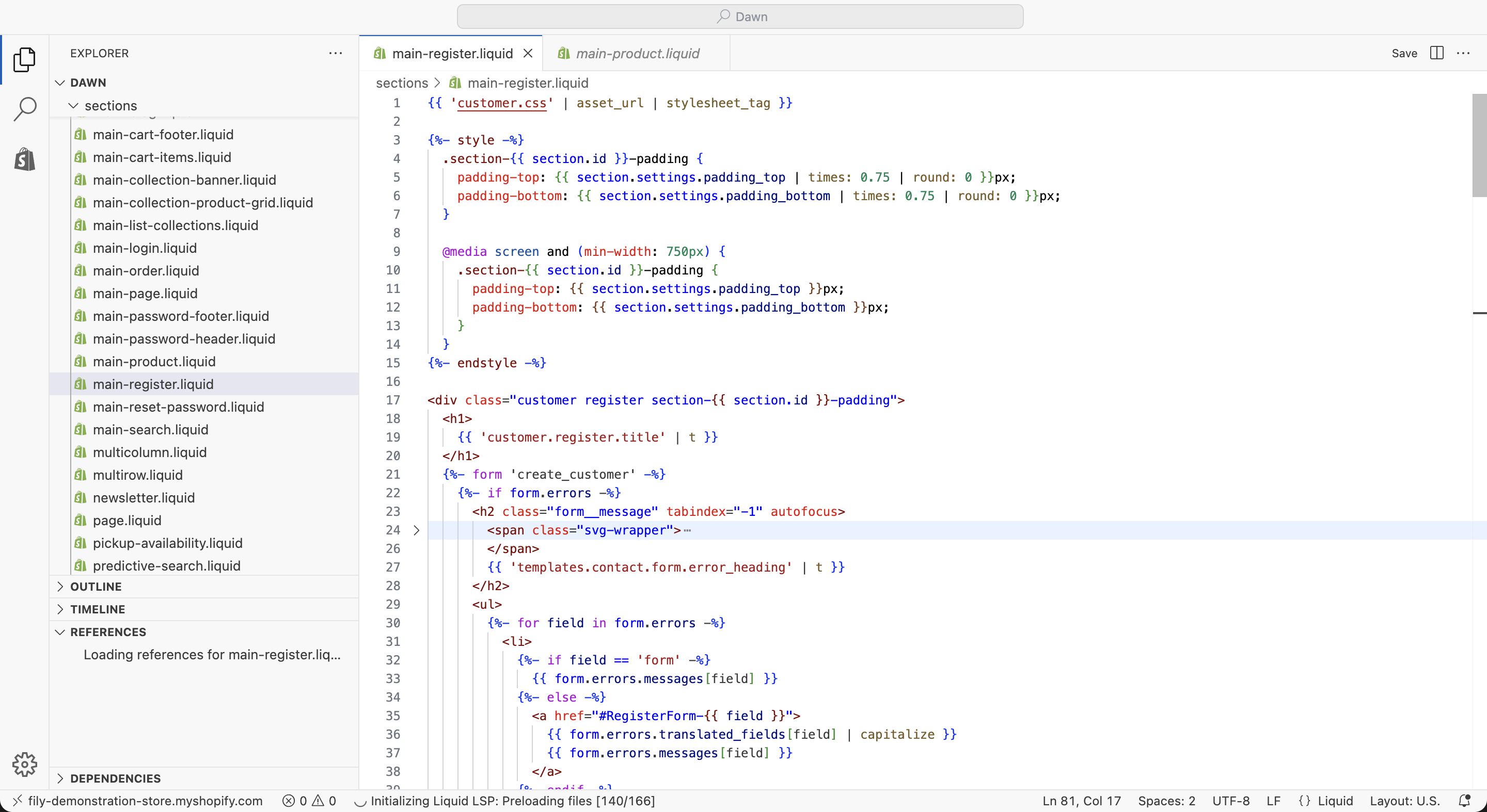 Shopifyのコード編集画面