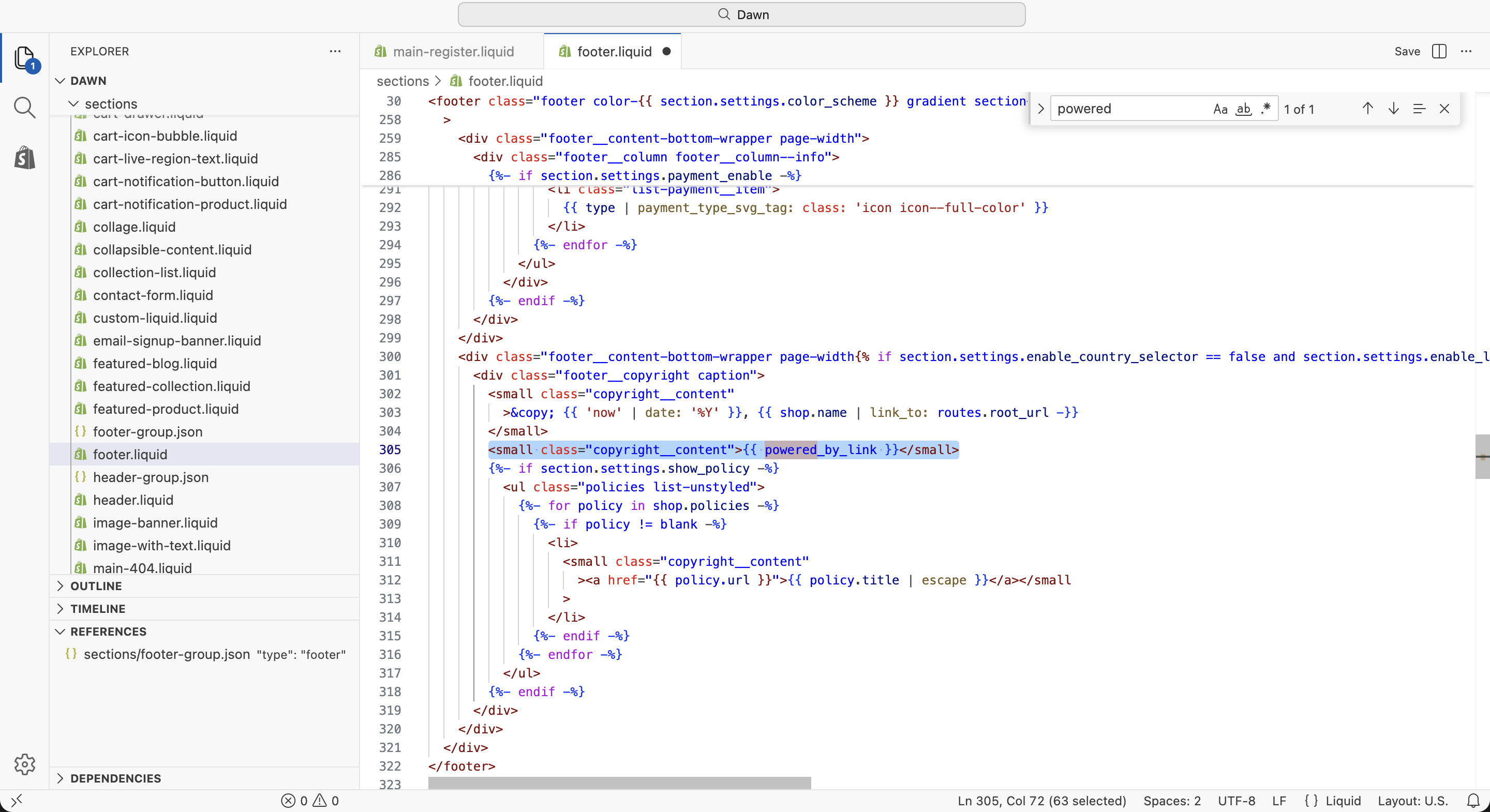 Shopifyのフッター編集画面