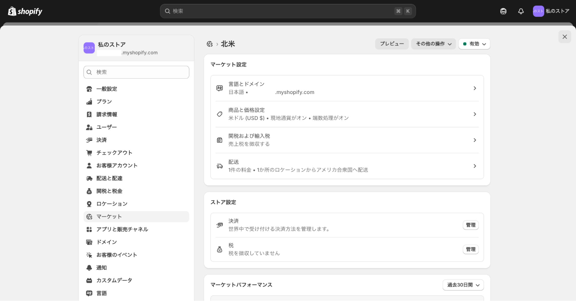 Shopifyのマーケット設定ページ